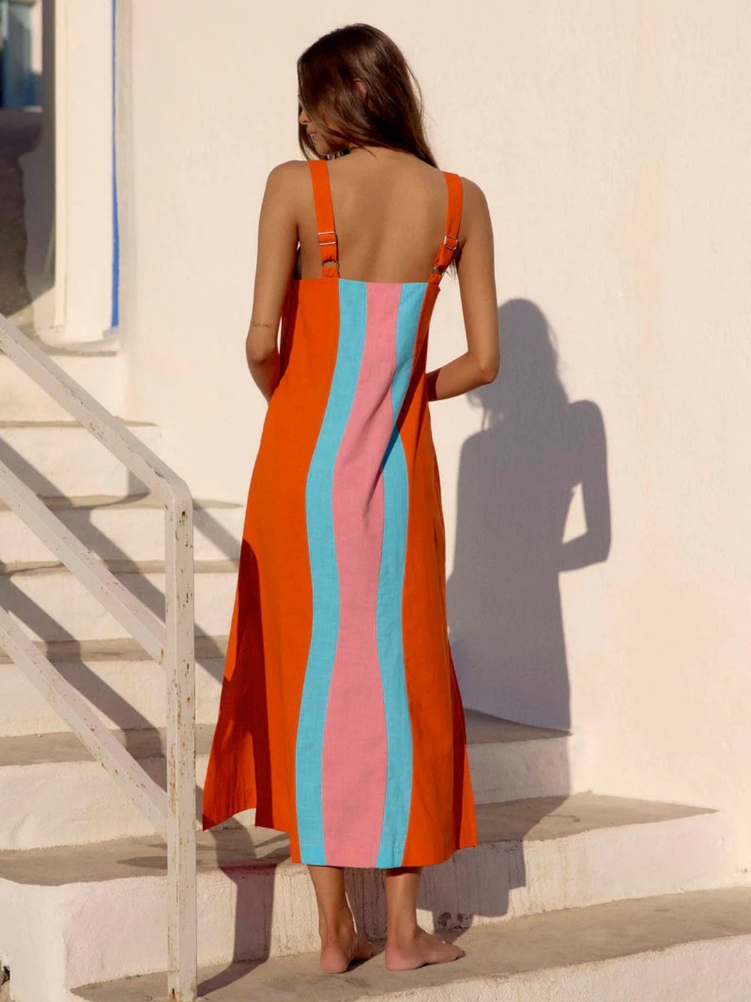 Orange Sleeveless Striped Midi Dress