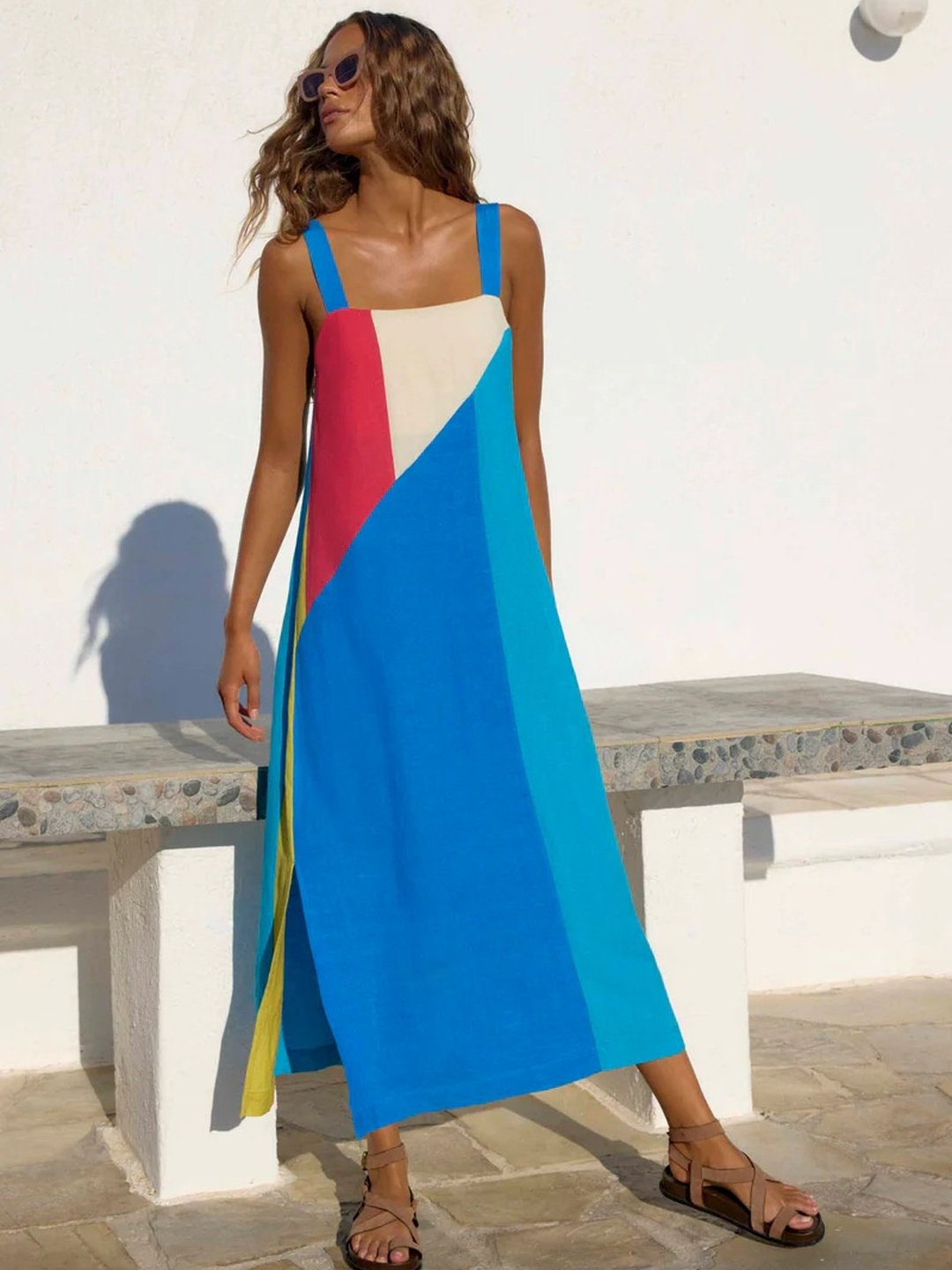 Blue Color Block Shift Midi Dress