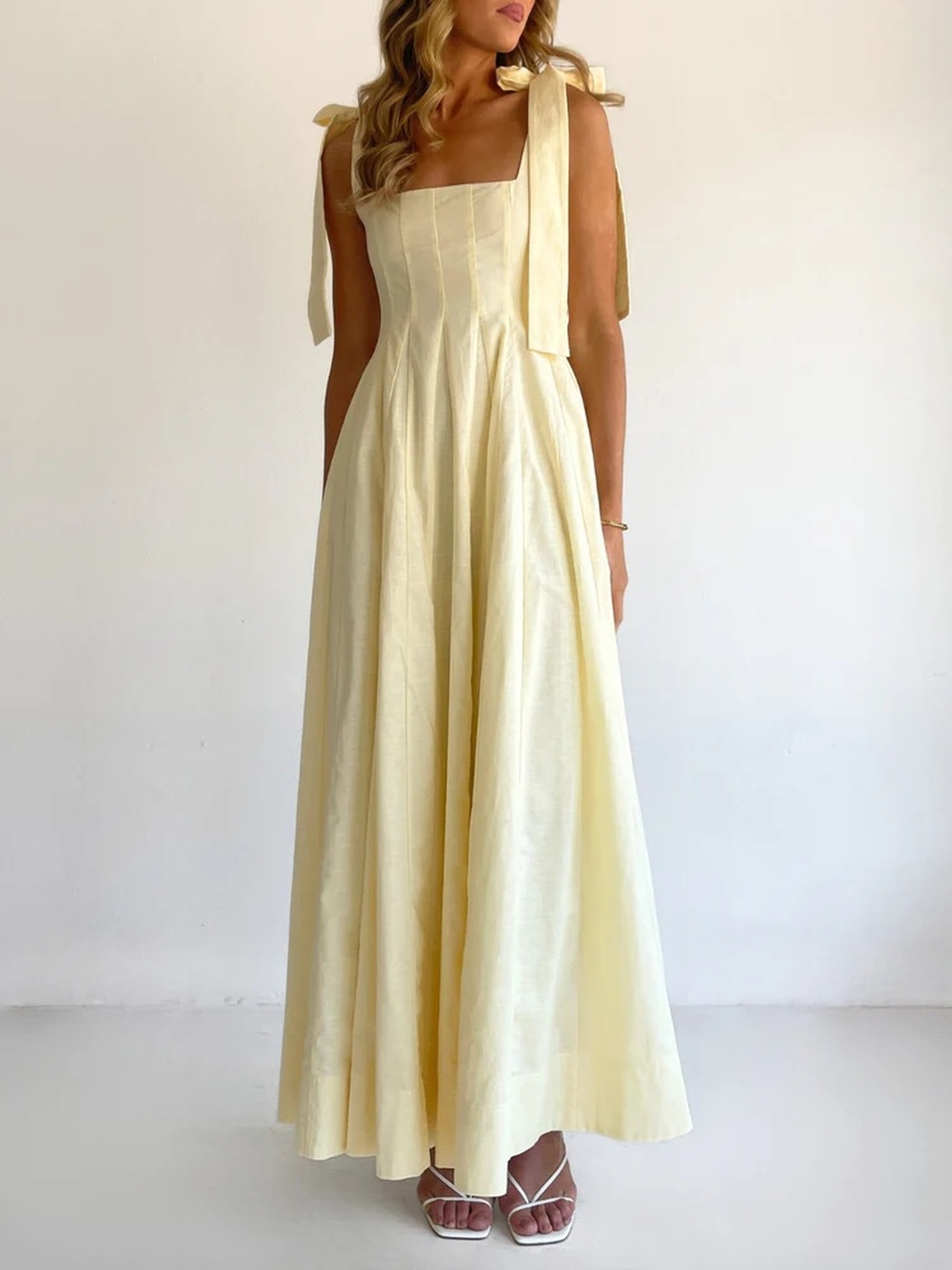 Yellow Fold Pleat Tie-Sleeve A-Line Maxi Dress