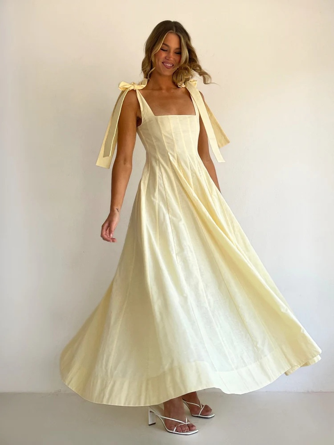 Yellow Fold Pleat Tie-Sleeve A-Line Maxi Dress