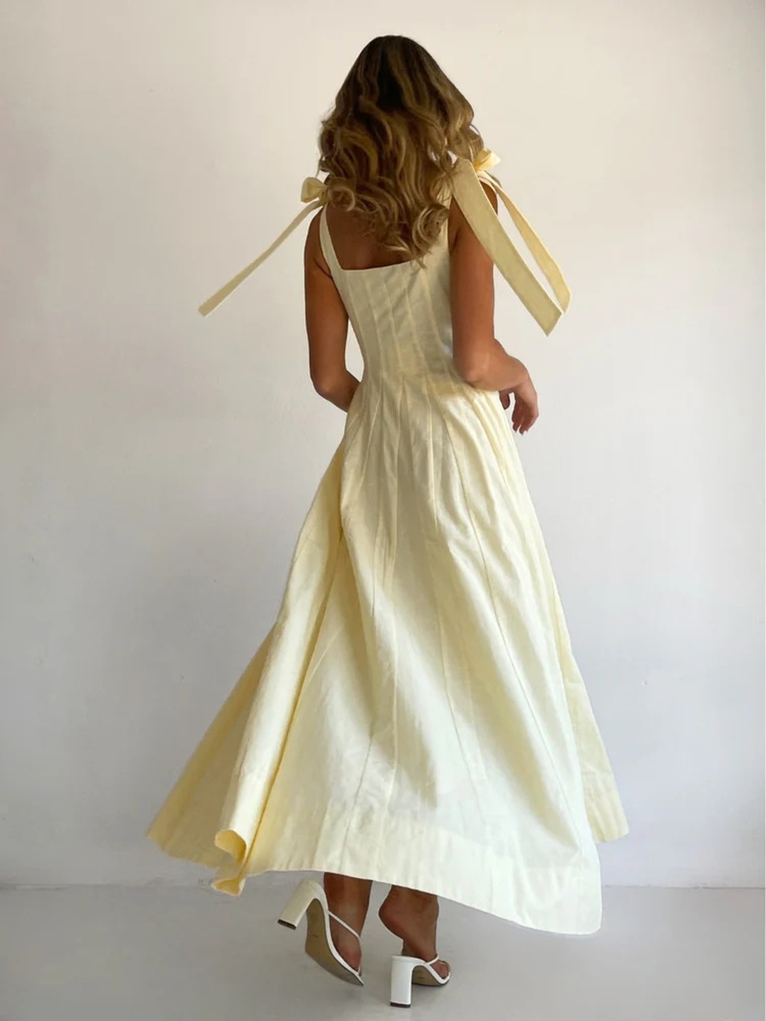 Yellow Fold Pleat Tie-Sleeve A-Line Maxi Dress