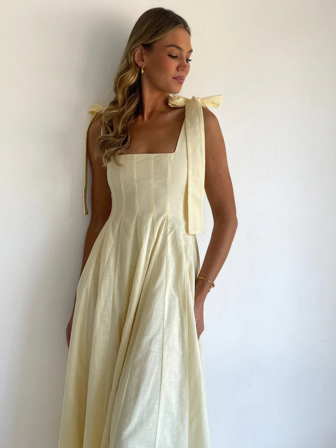 Yellow Fold Pleat Tie-Sleeve A-Line Maxi Dress