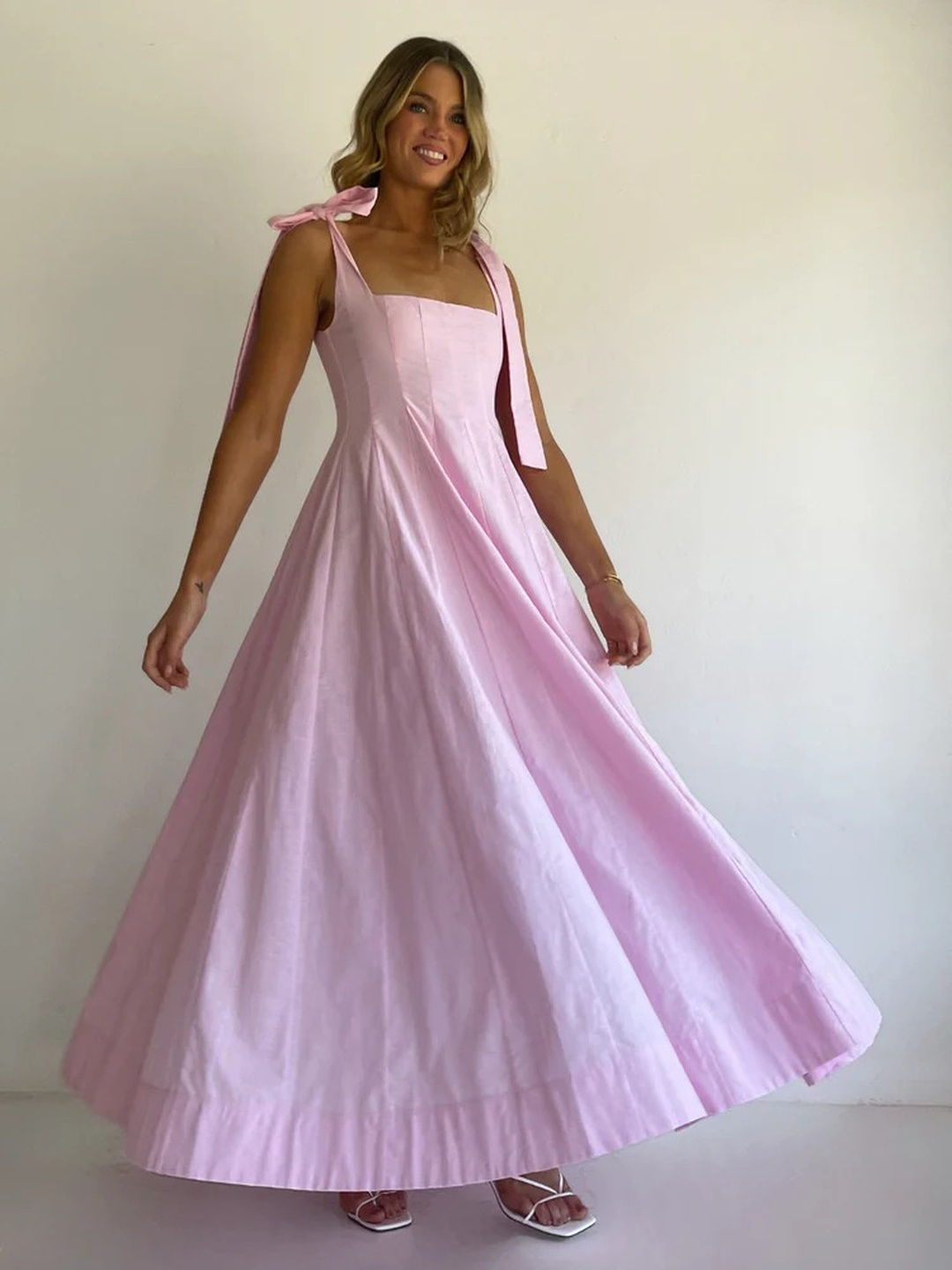 Pink Fold Pleat Tie-Sleeve A-Line Maxi Dress