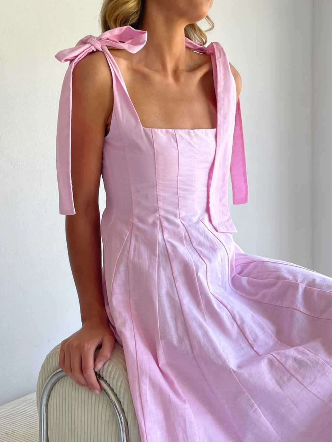 Pink Fold Pleat Tie-Sleeve A-Line Maxi Dress