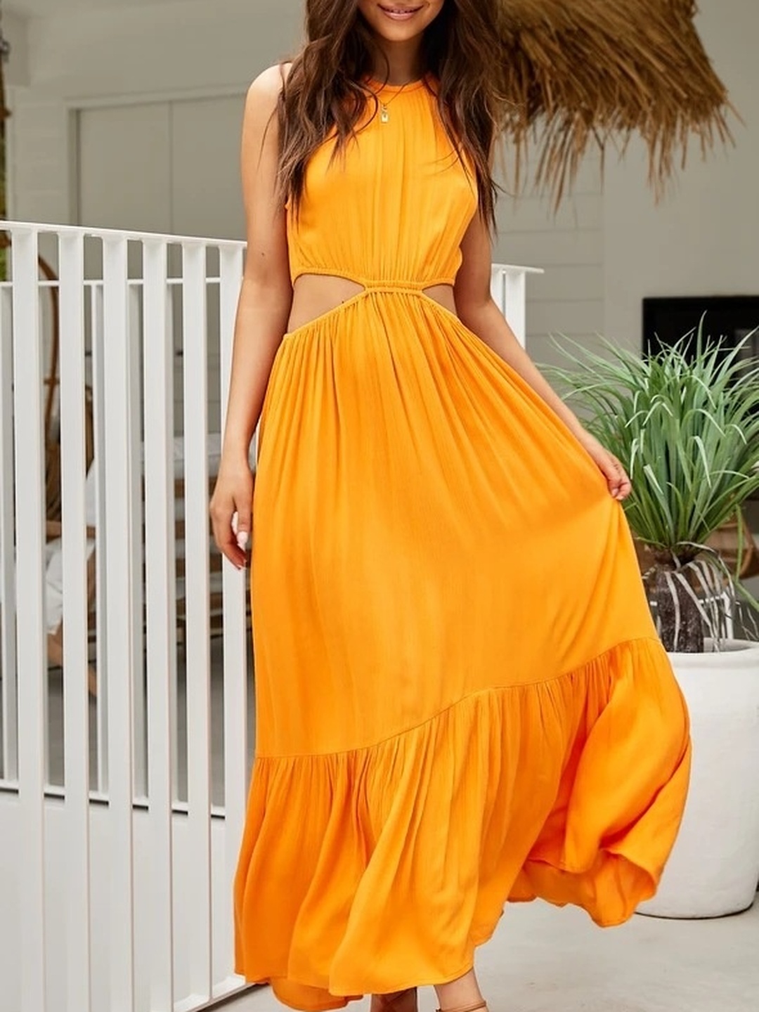 Yellow Solid Cut Out A-Line Maxi Dress