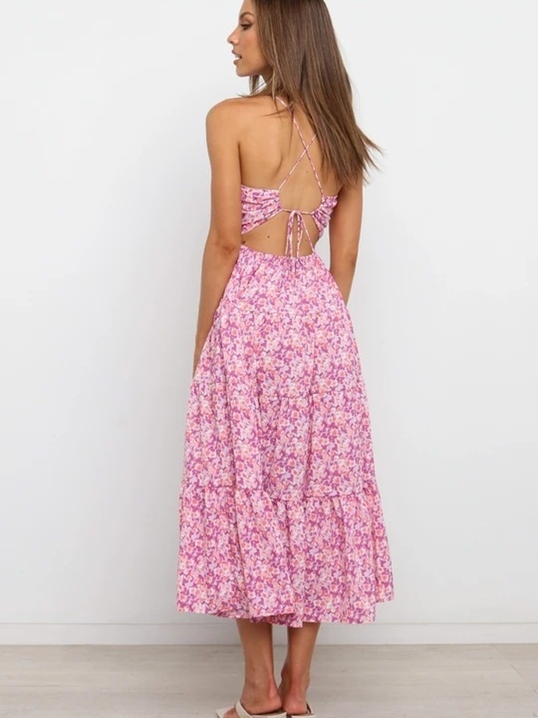 Pink Floral Print Strappy A-Line Midi Dress