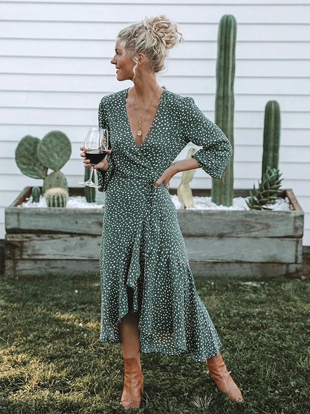 Green Ditsy Print Wrap Miidi Dress