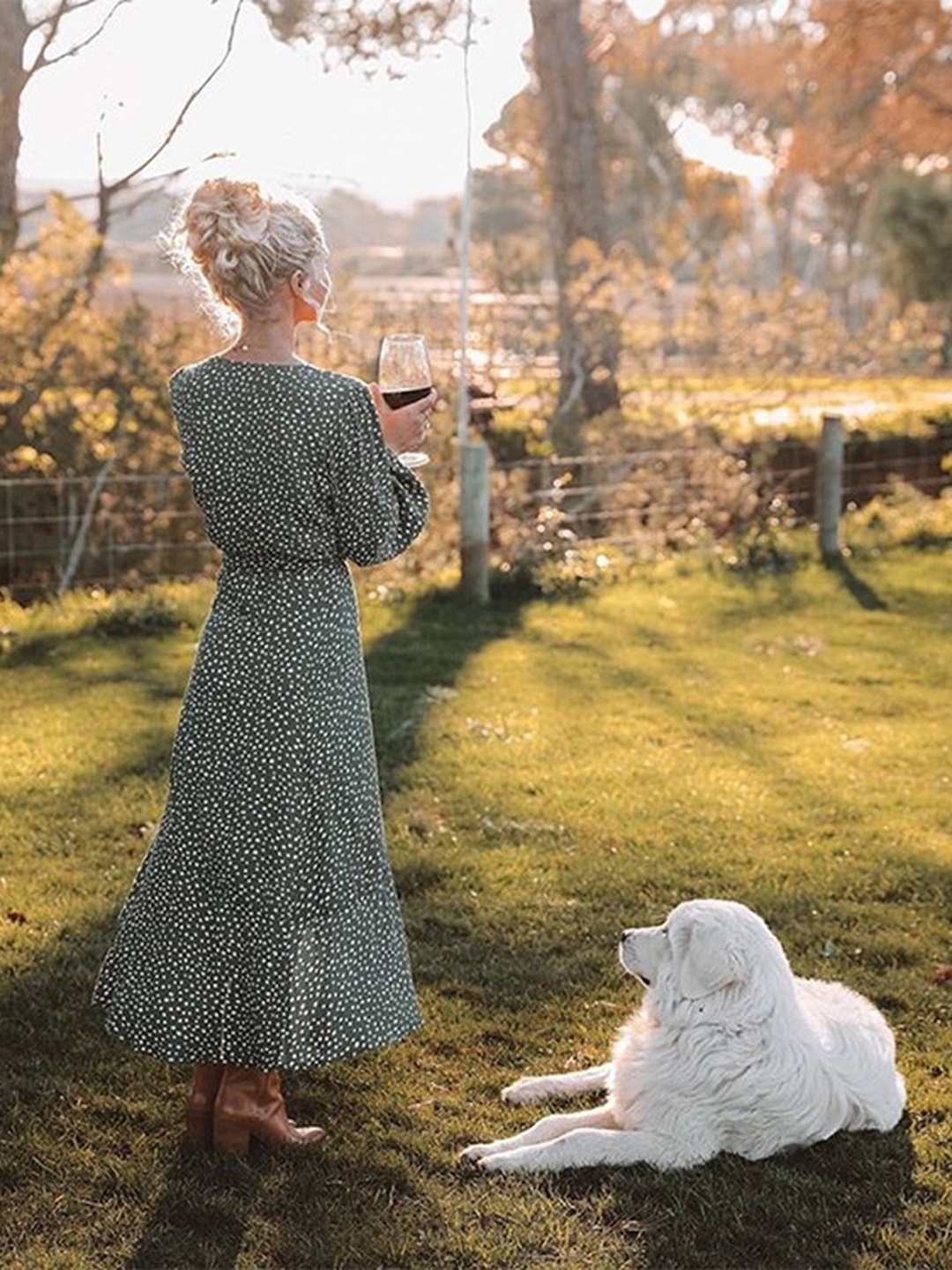 Green Ditsy Print Wrap Miidi Dress