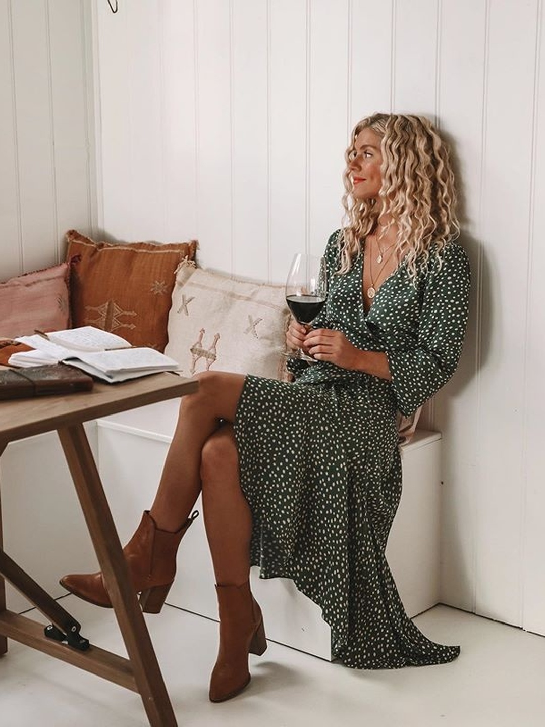 Green Ditsy Print Wrap Miidi Dress