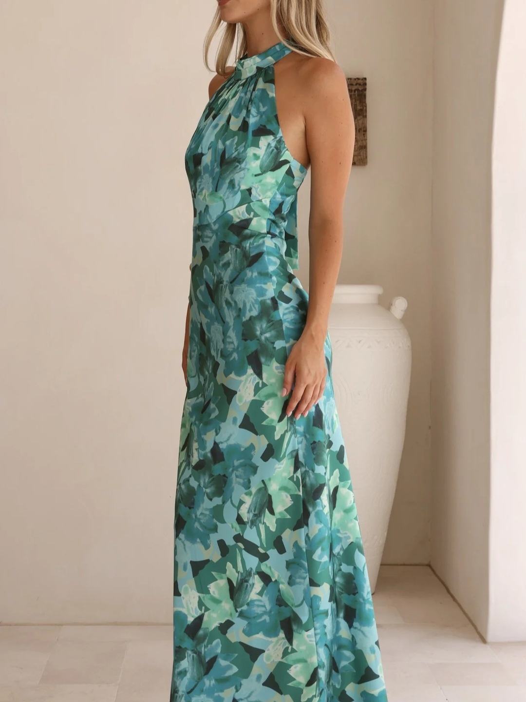 Green Floral Print Sleeveless Sheath Maxi Dress