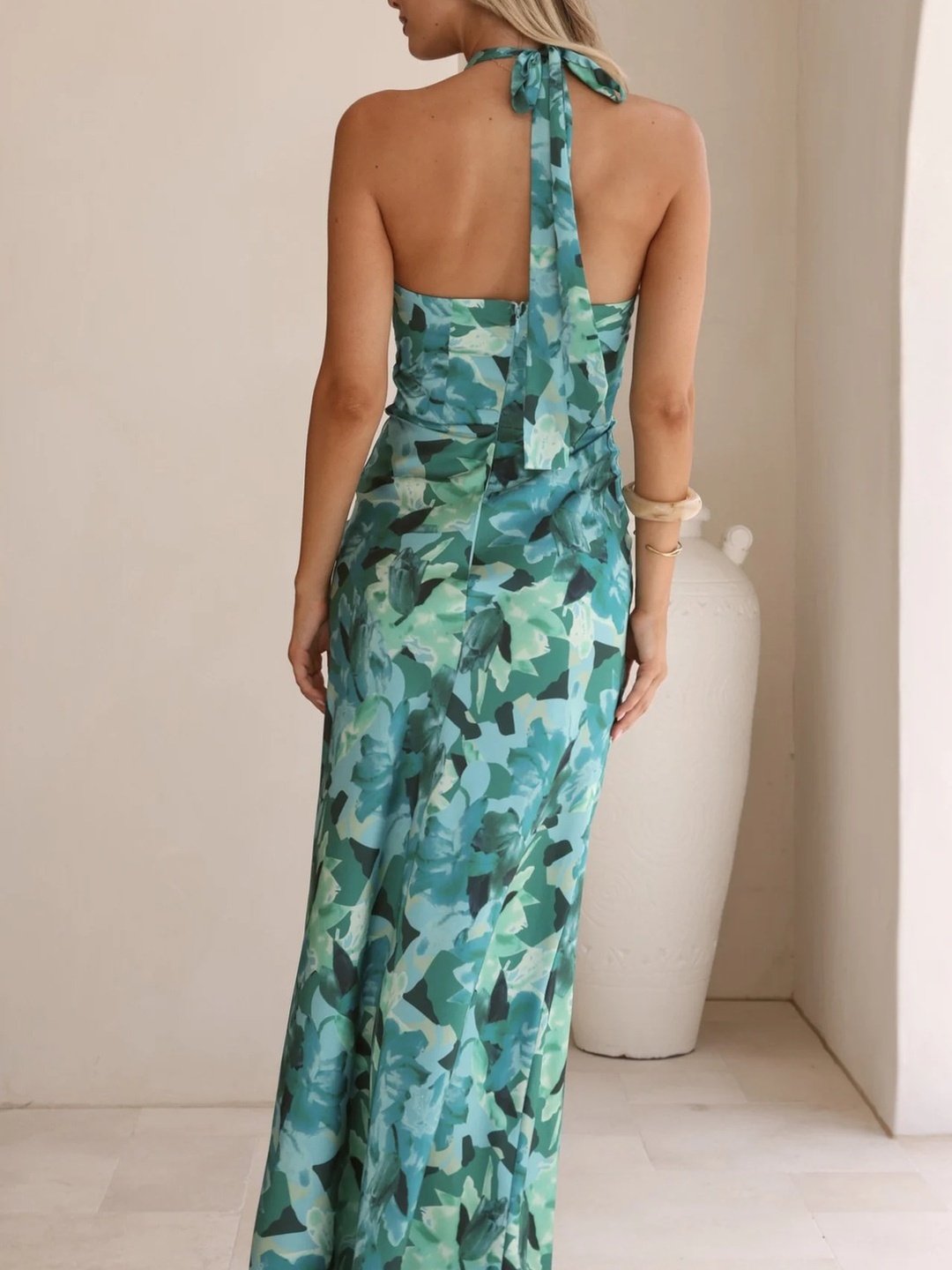 Green Floral Print Sleeveless Sheath Maxi Dress