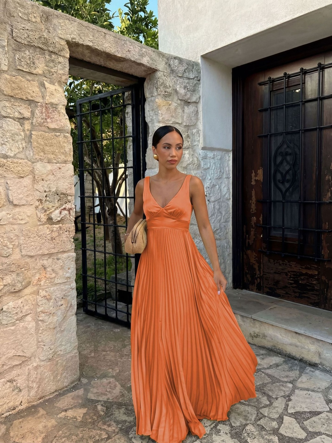 Orange Solid V Neck Pleated A-Line Maxi Dress