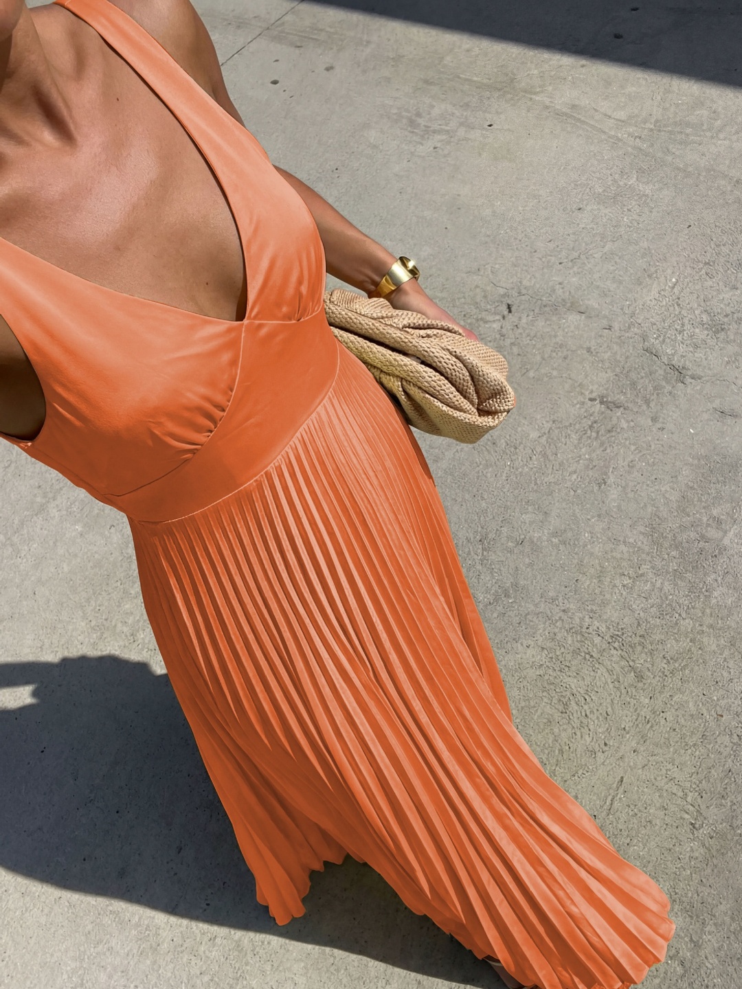 Orange Solid V Neck Pleated A-Line Maxi Dress