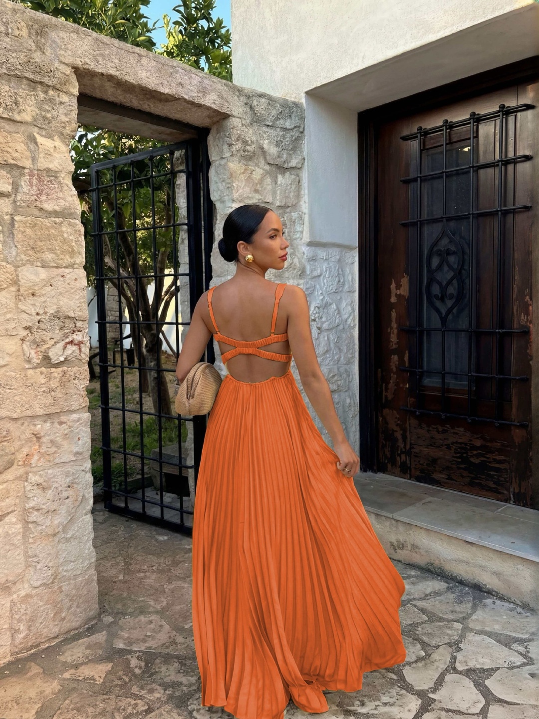 Orange Solid V Neck Pleated A-Line Maxi Dress