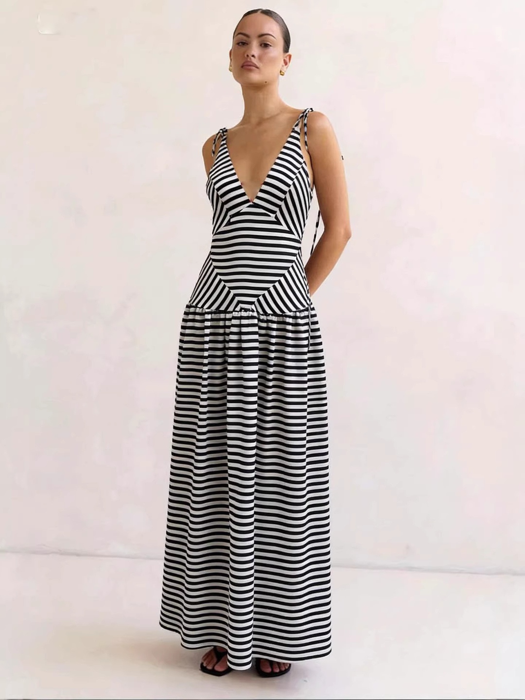 Black Striped Tie Strap A-Line Maxi Dress