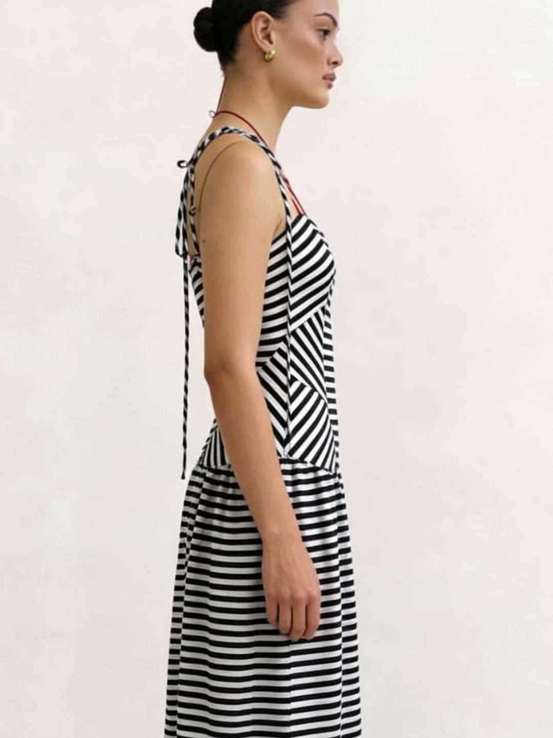 Black Striped Tie Strap A-Line Maxi Dress