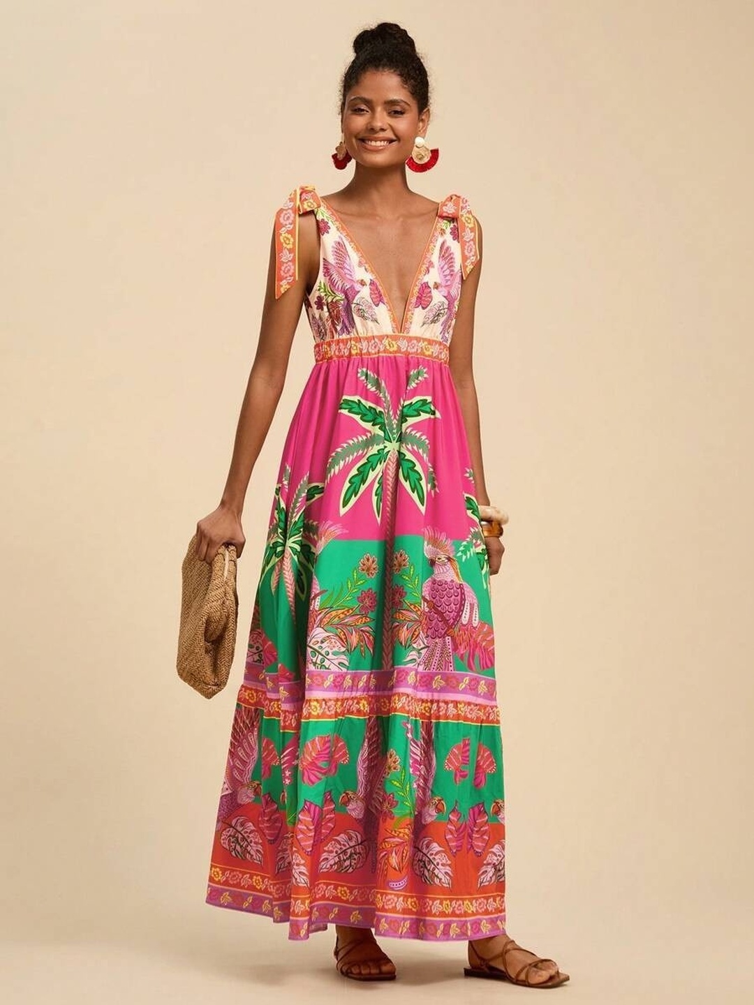 Multi Tropical Print Tiered Maxi Dress