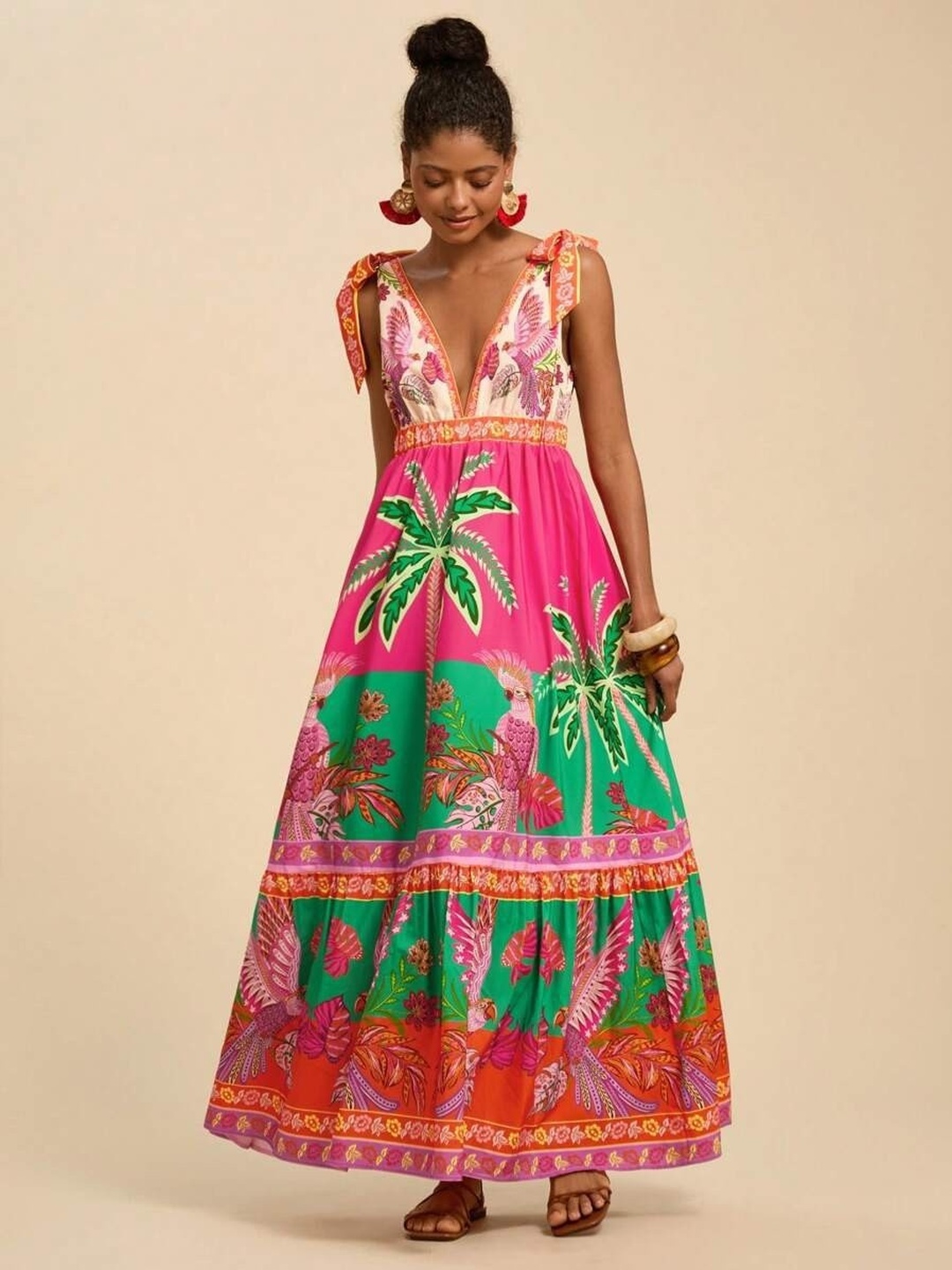 Multi Tropical Print Tiered Maxi Dress