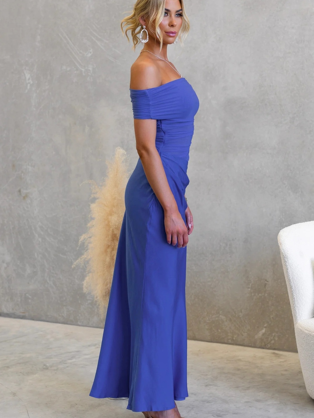 Blue Ruched Mesh Maxi Dress with Cut-Out Waist
