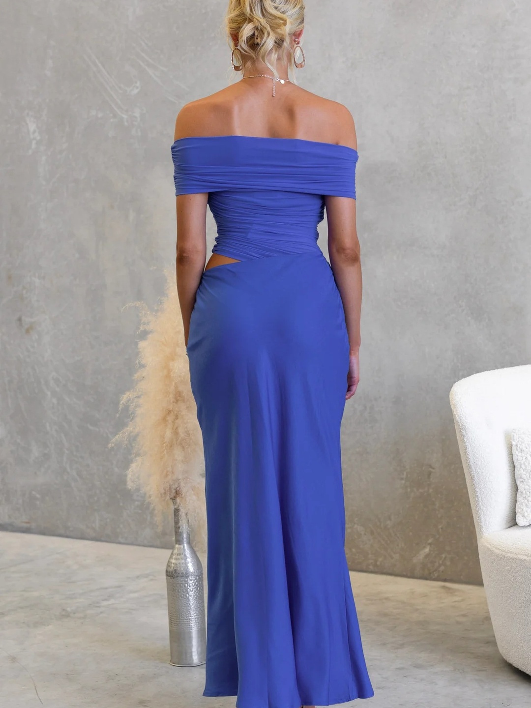Blue Ruched Mesh Maxi Dress with Cut-Out Waist