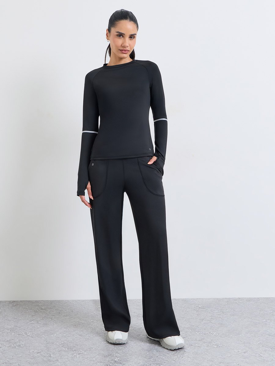 Black Reflective Stripe Thumbhole Top and Broad Waist Loose Straight Pants Set