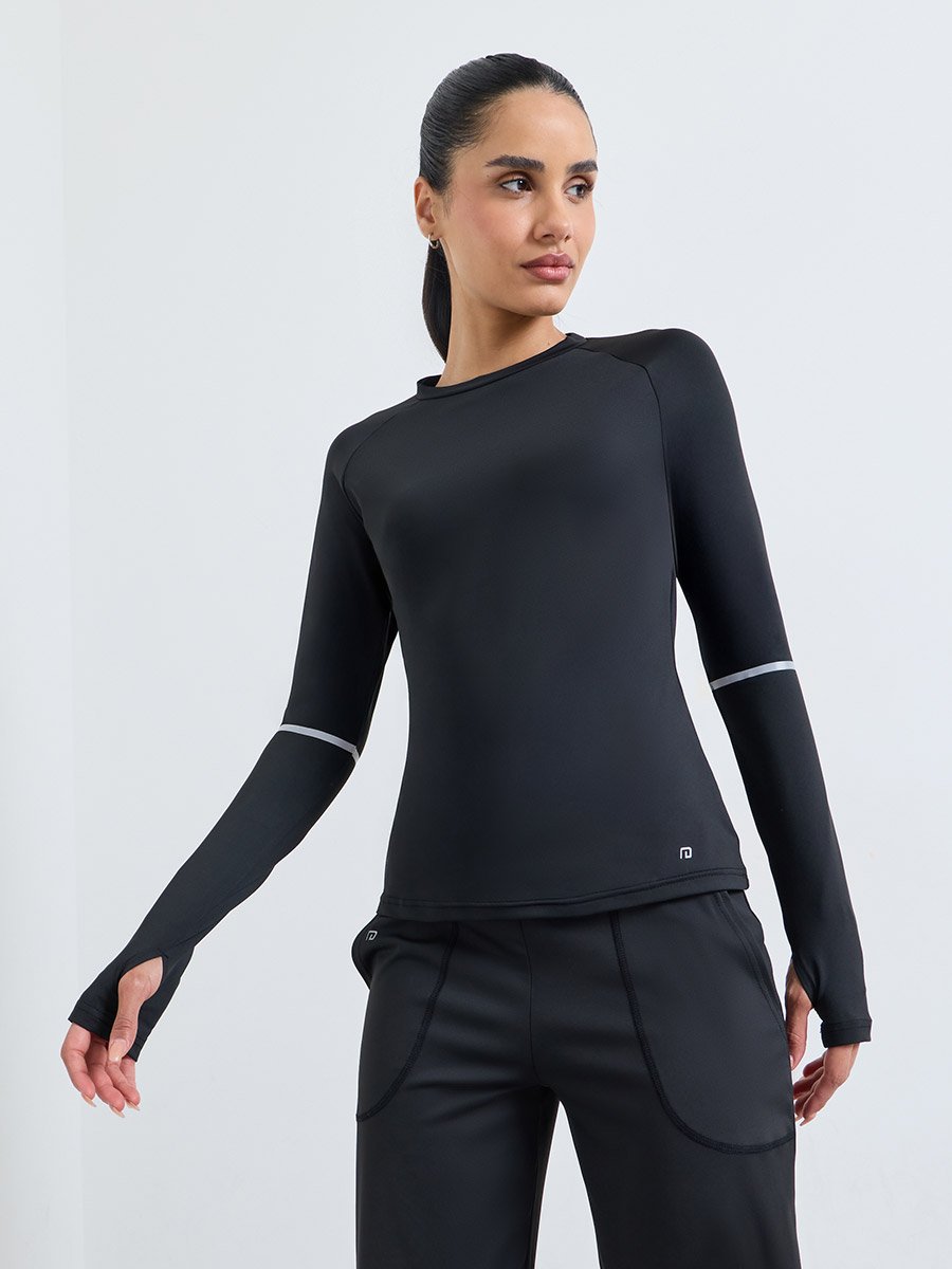 Black Reflective Stripe Thumbhole Top and Broad Waist Loose Straight Pants Set