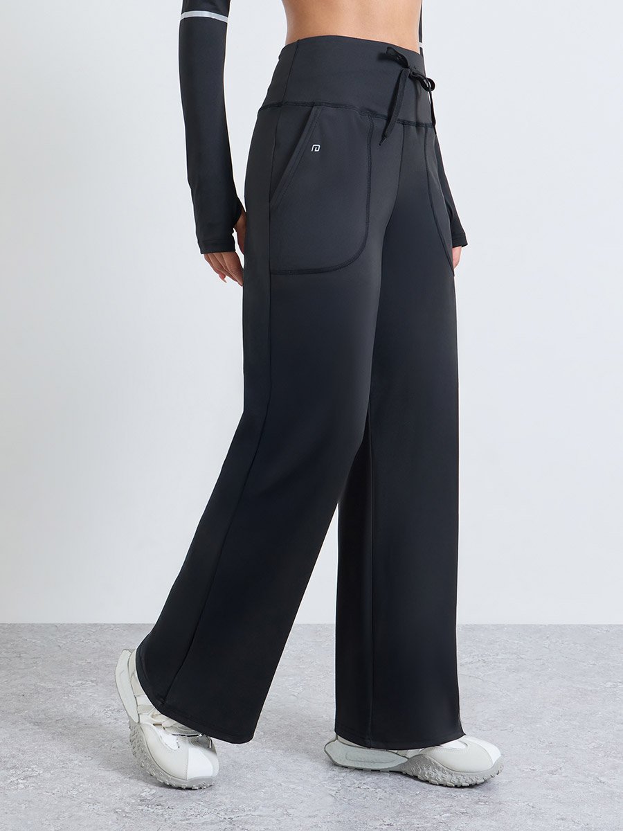 Black Reflective Stripe Thumbhole Top and Broad Waist Loose Straight Pants Set