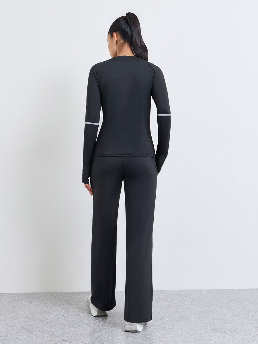 Black Reflective Stripe Thumbhole Top and Broad Waist Loose Straight Pants Set