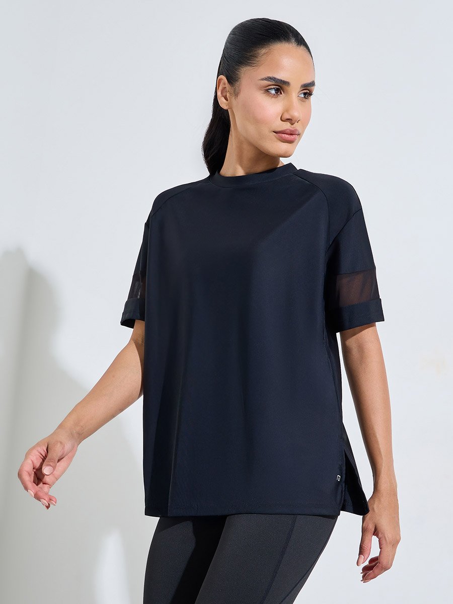 Black Solid Mesh Insert Sleeves Side Slit Active T-Shirt