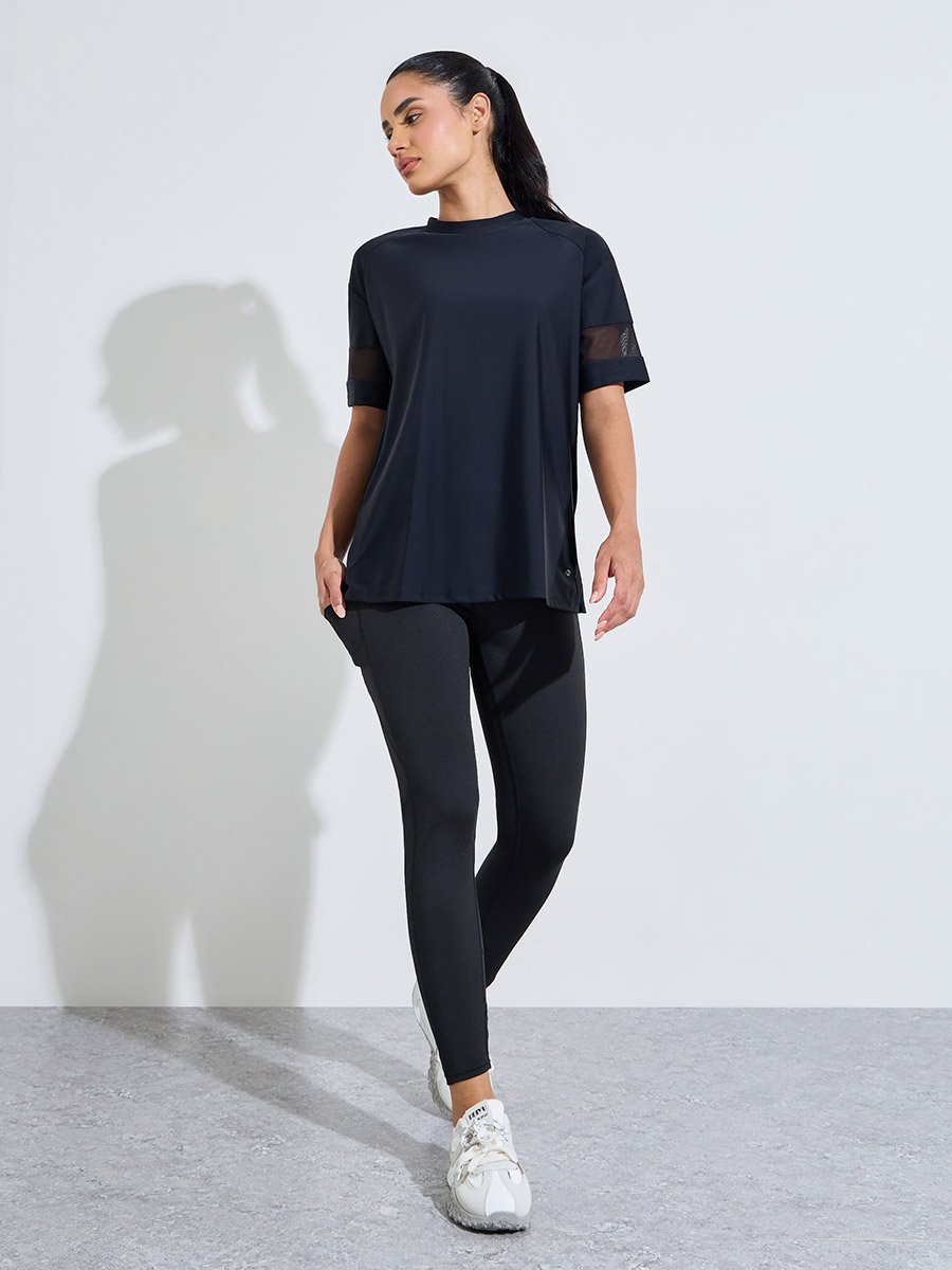 Black Solid Mesh Insert Sleeves Side Slit Active T-Shirt