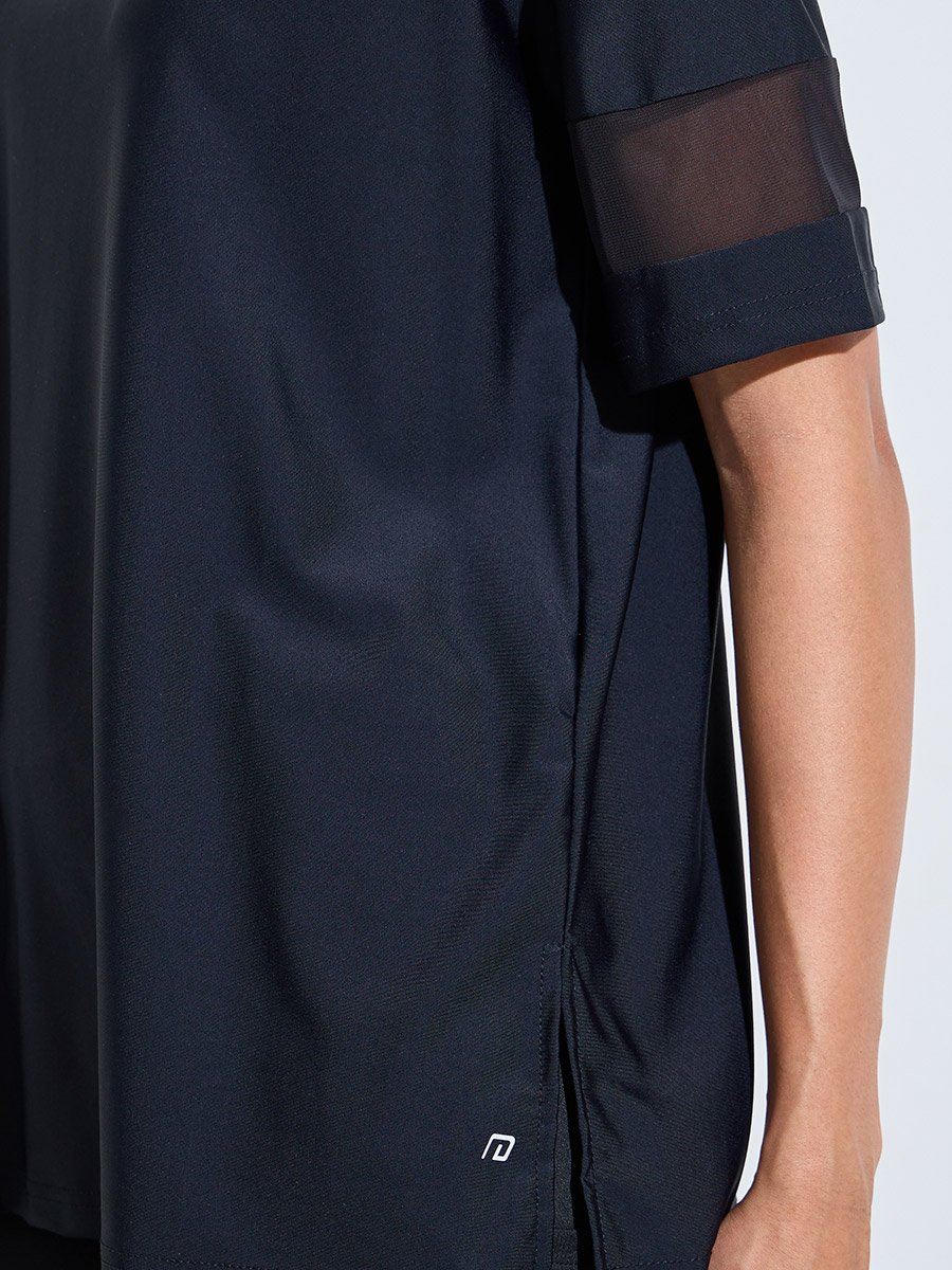 Black Solid Mesh Insert Sleeves Side Slit Active T-Shirt