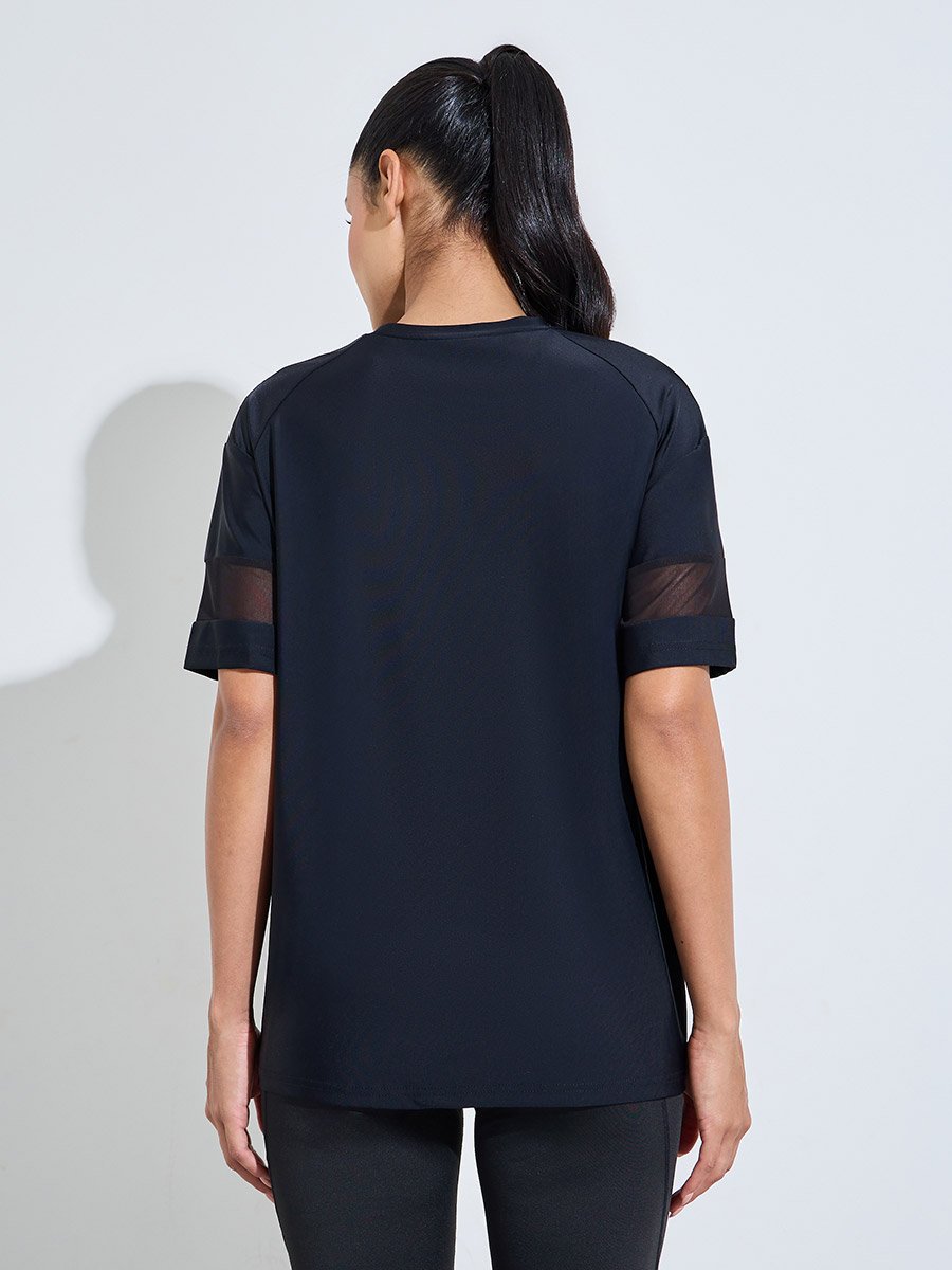 Black Solid Mesh Insert Sleeves Side Slit Active T-Shirt