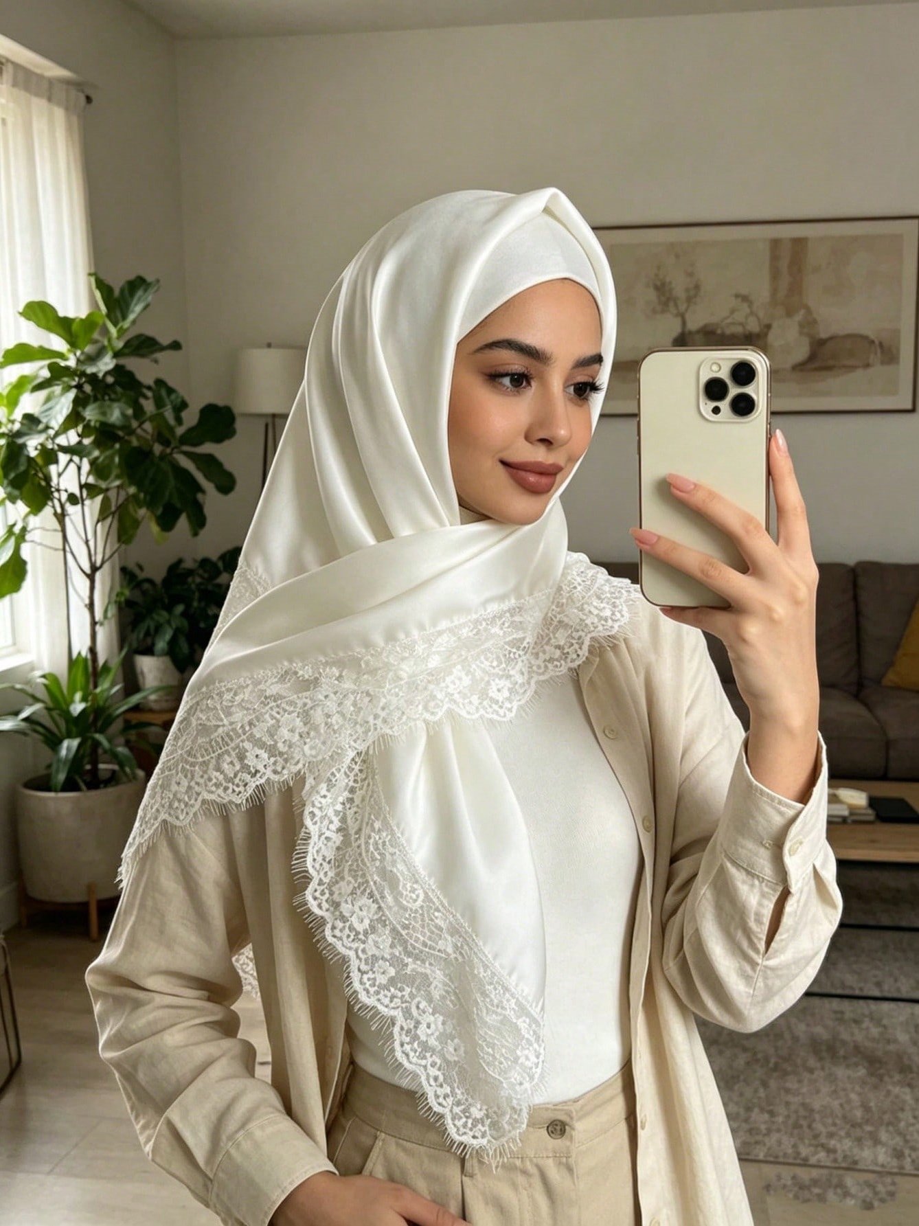وشاح مربع ساتان بتفاصيل دانتيل