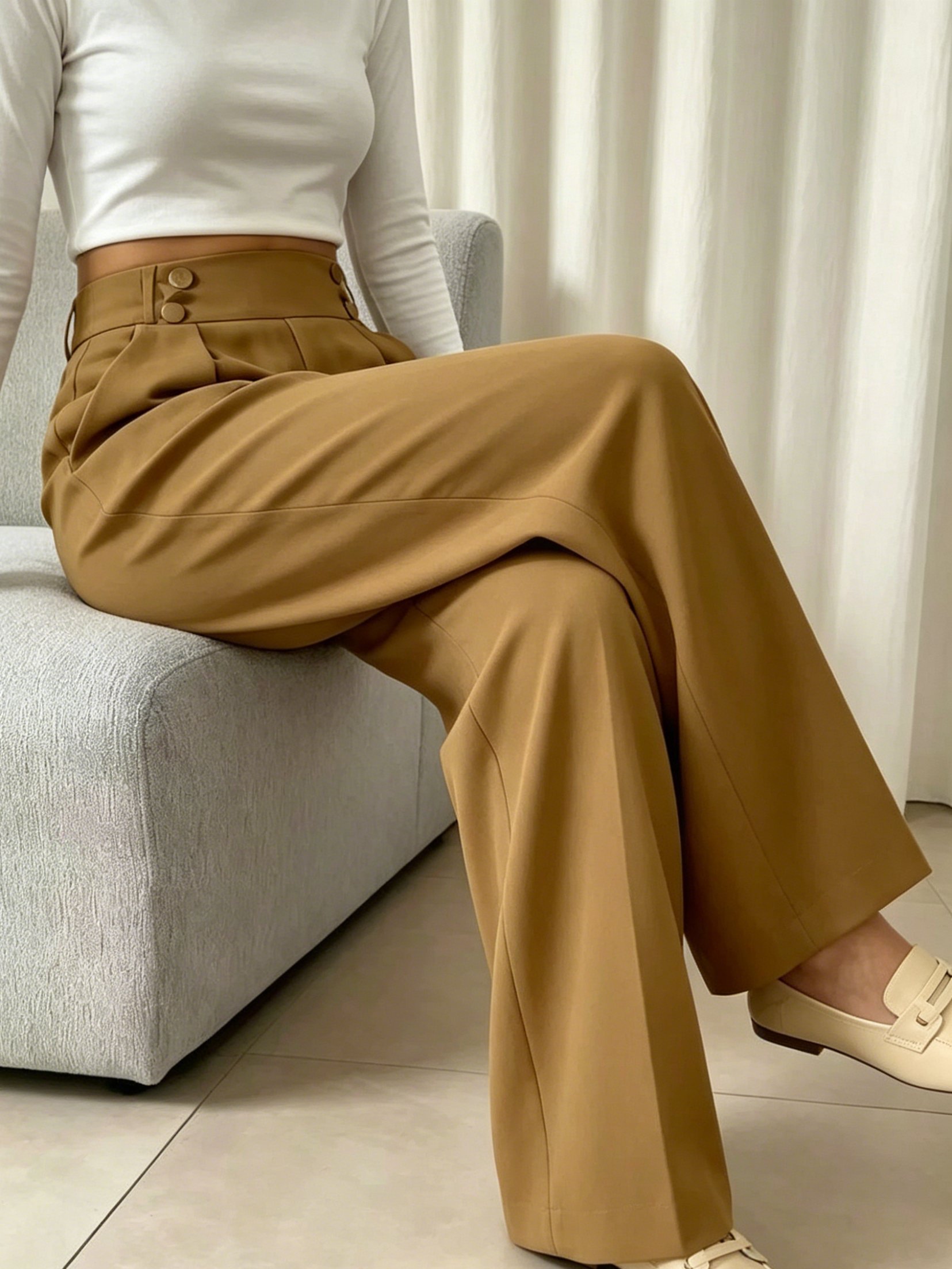Khaki High-Waist Wide Leg Trousers
