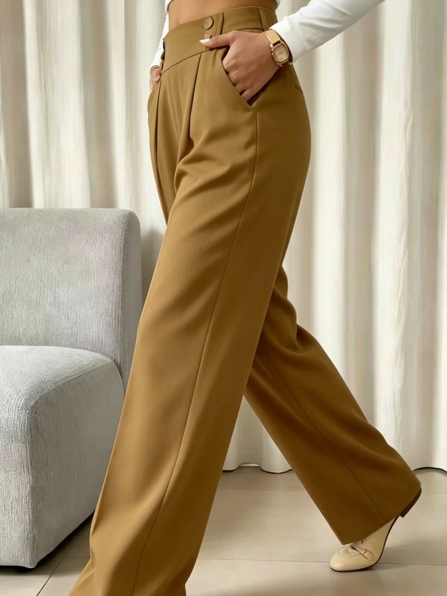 Khaki High-Waist Wide Leg Trousers