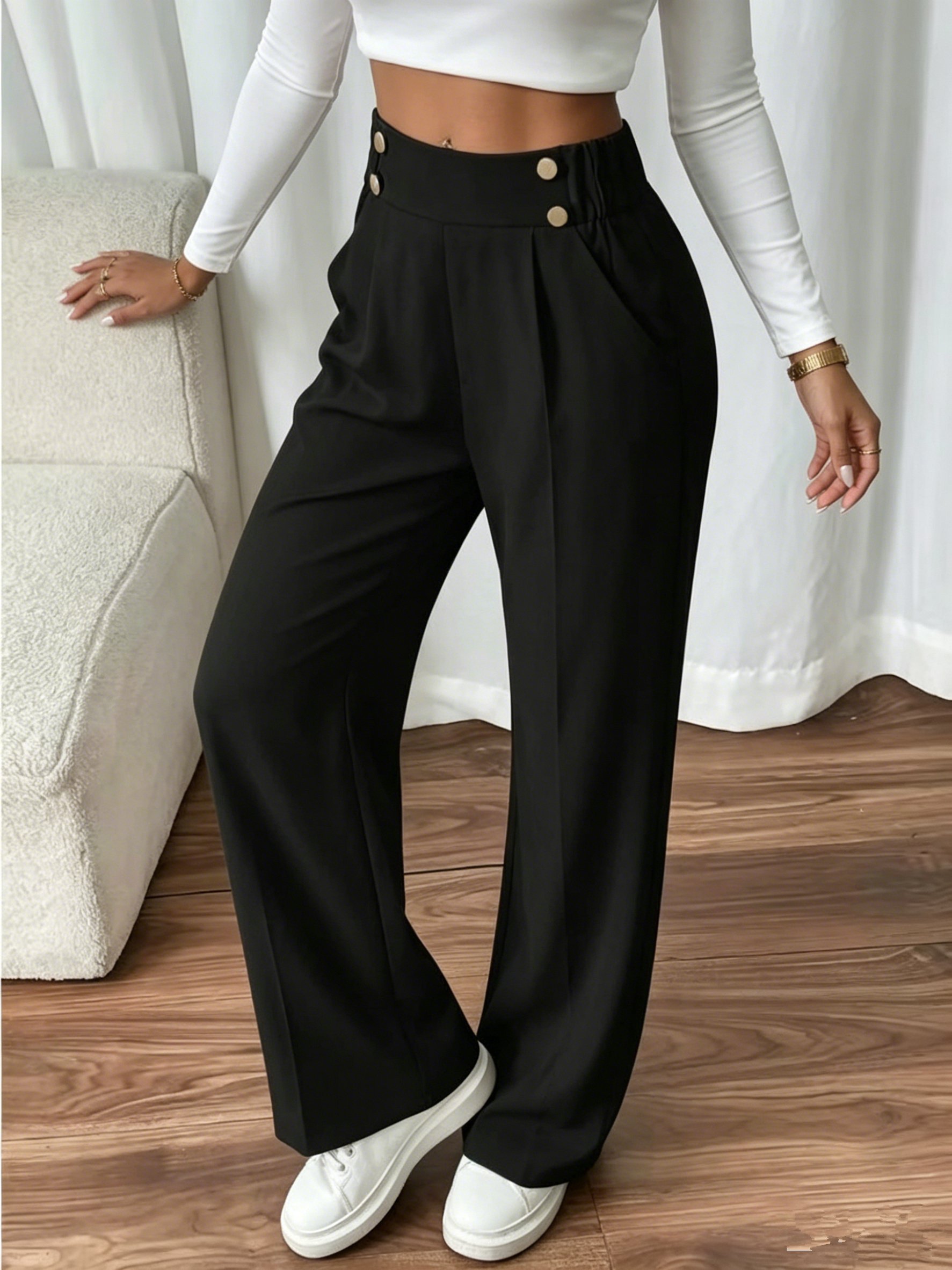 Black Wide-Leg Trousers with Elastic Waist