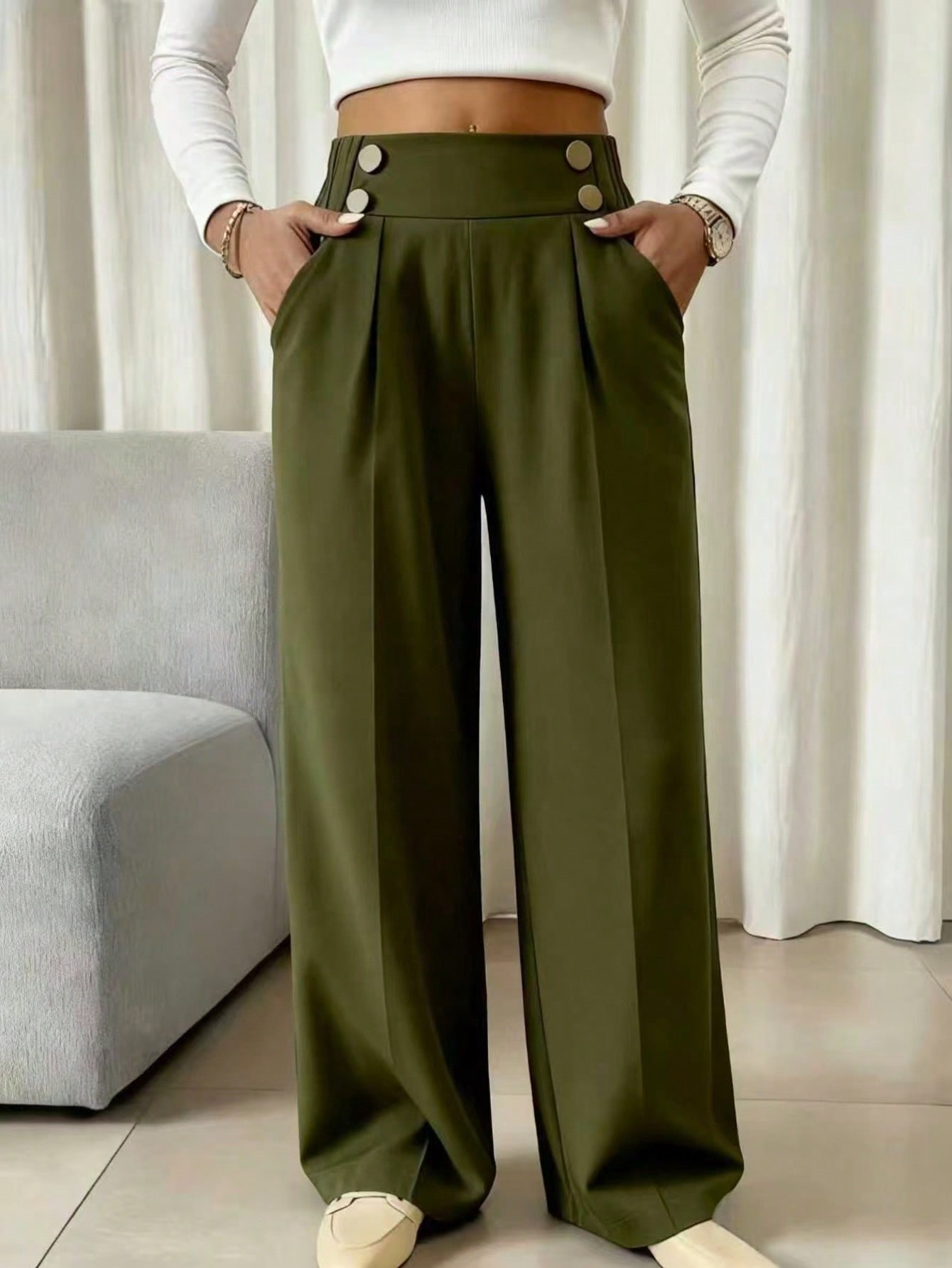 High-Waisted Olive Green Wide-Leg Trousers