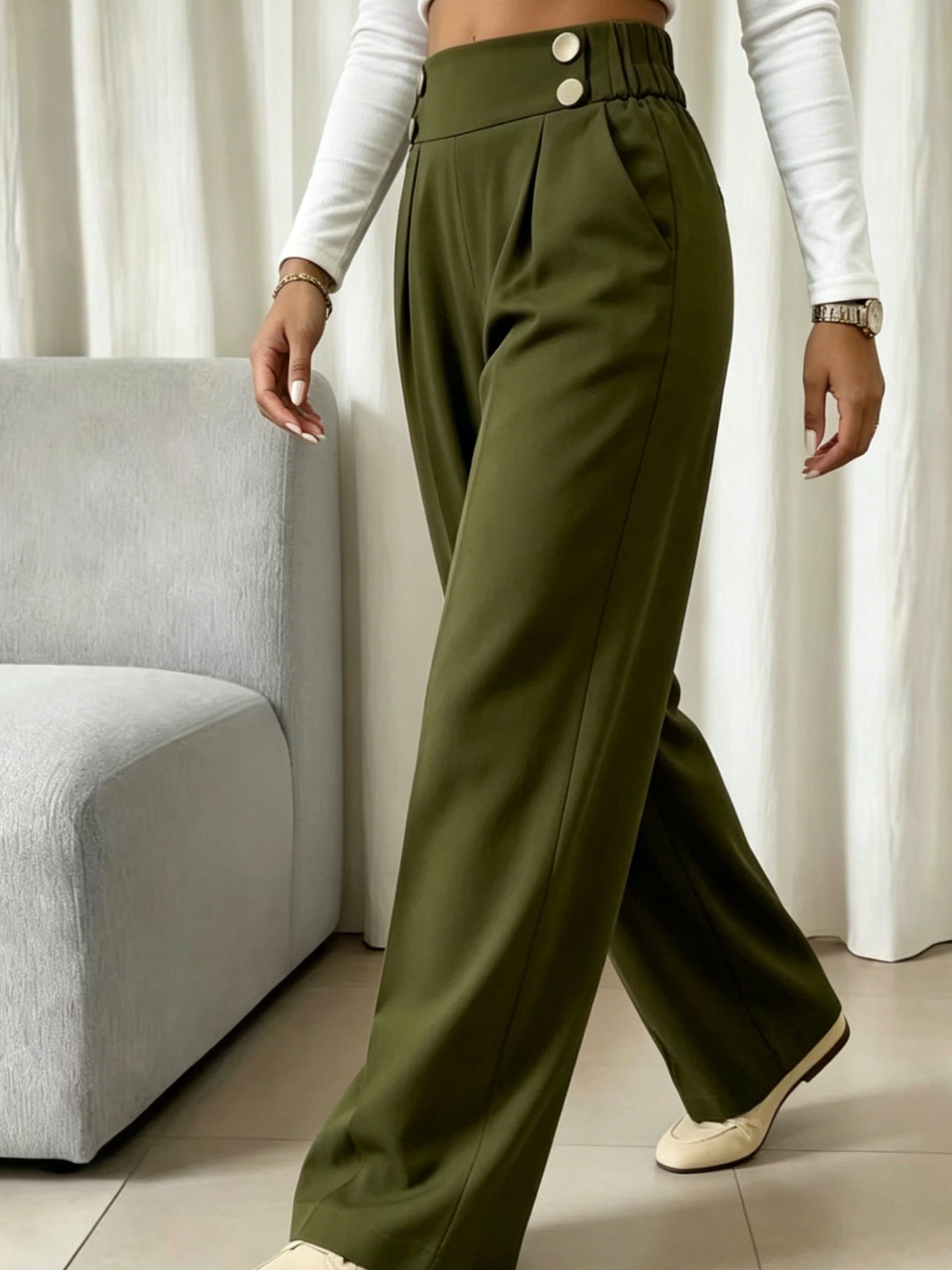 High-Waisted Olive Green Wide-Leg Trousers