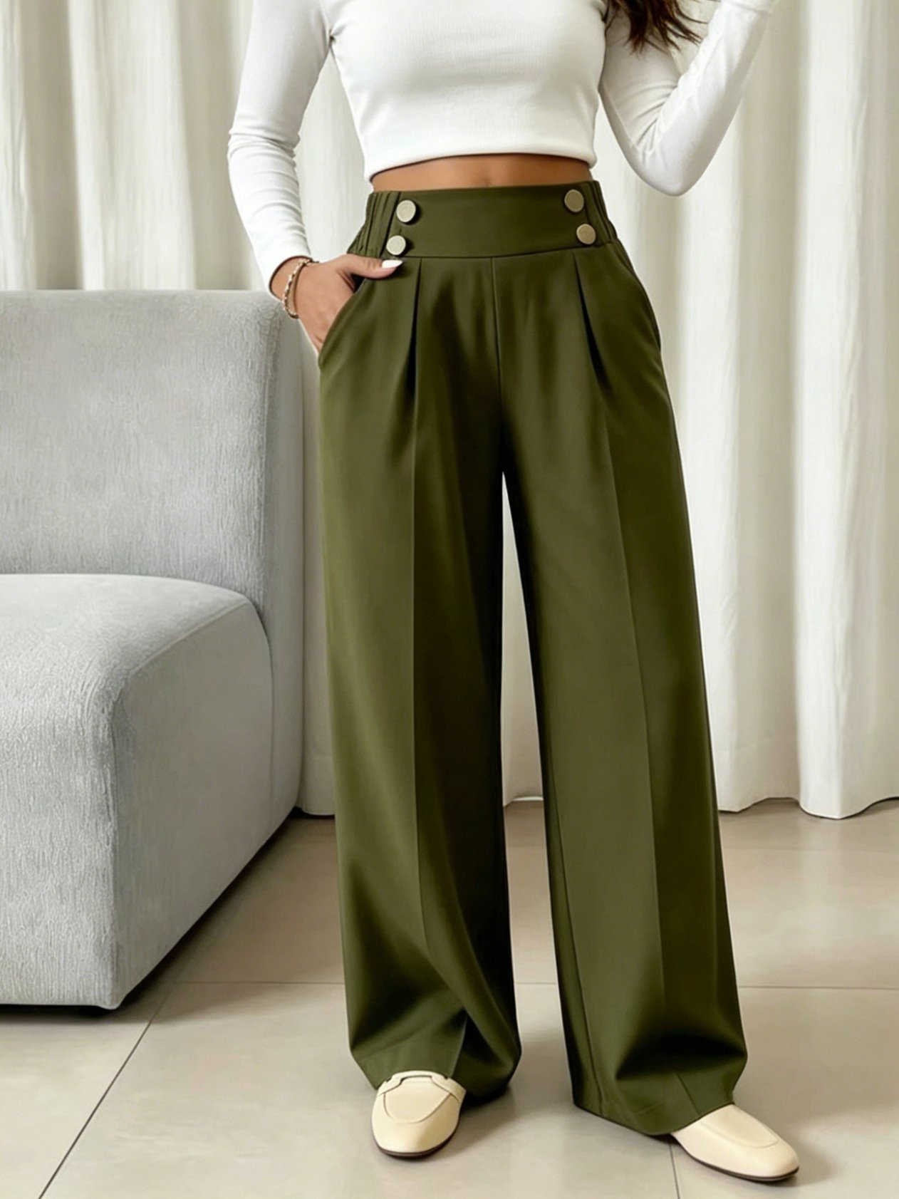 High-Waisted Olive Green Wide-Leg Trousers