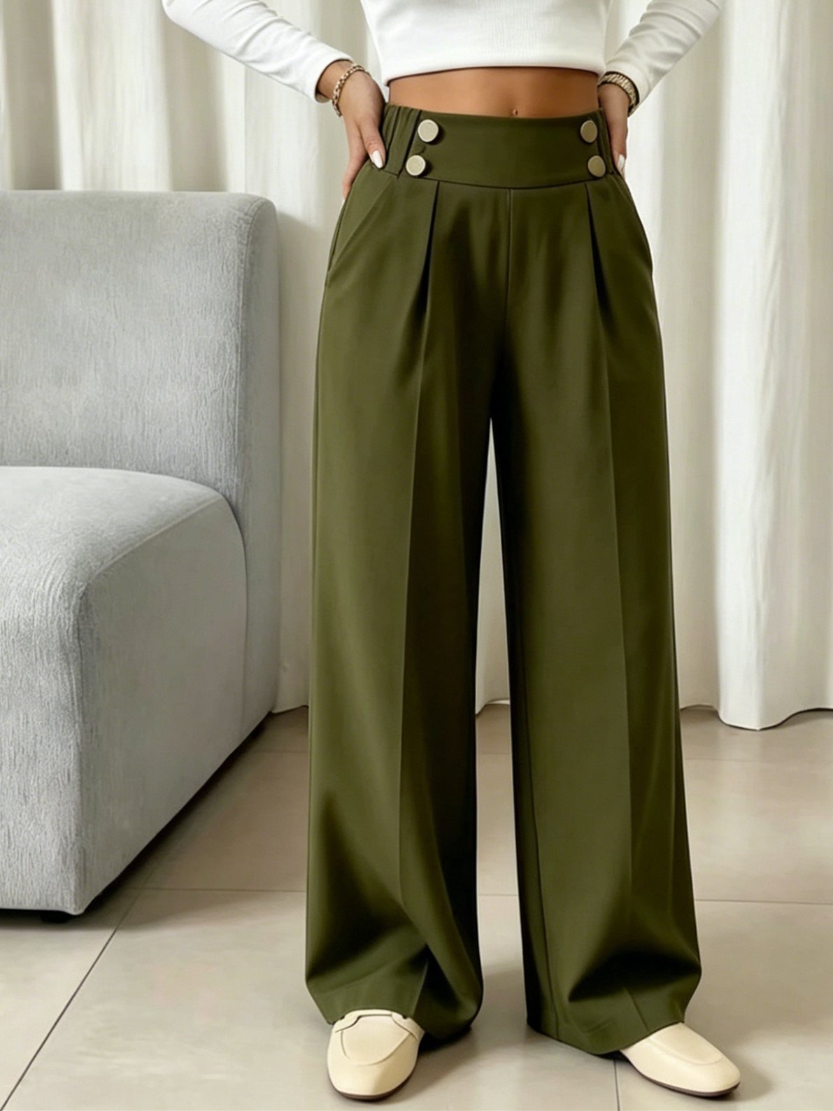High-Waisted Olive Green Wide-Leg Trousers