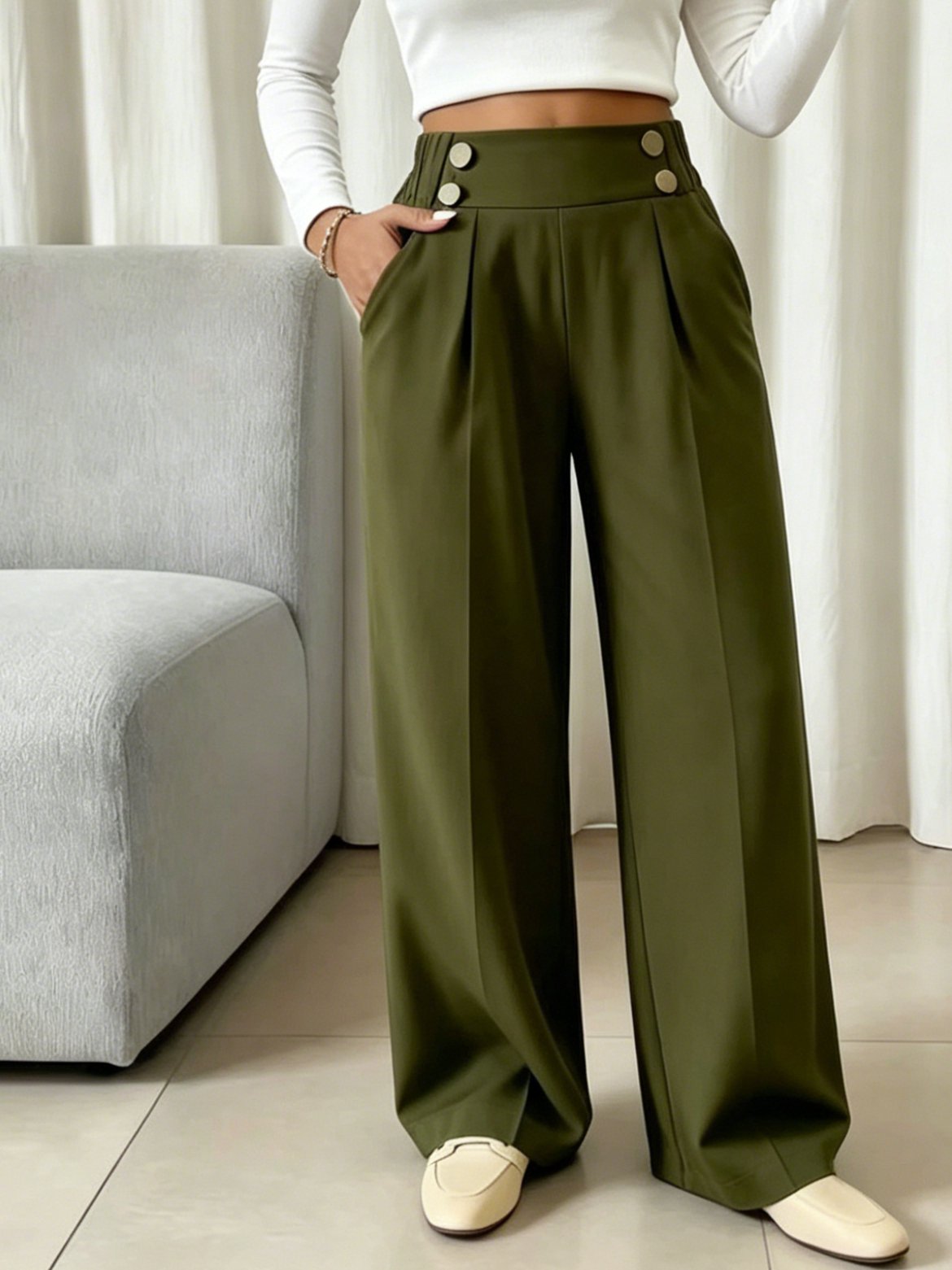 High-Waisted Olive Green Wide-Leg Trousers
