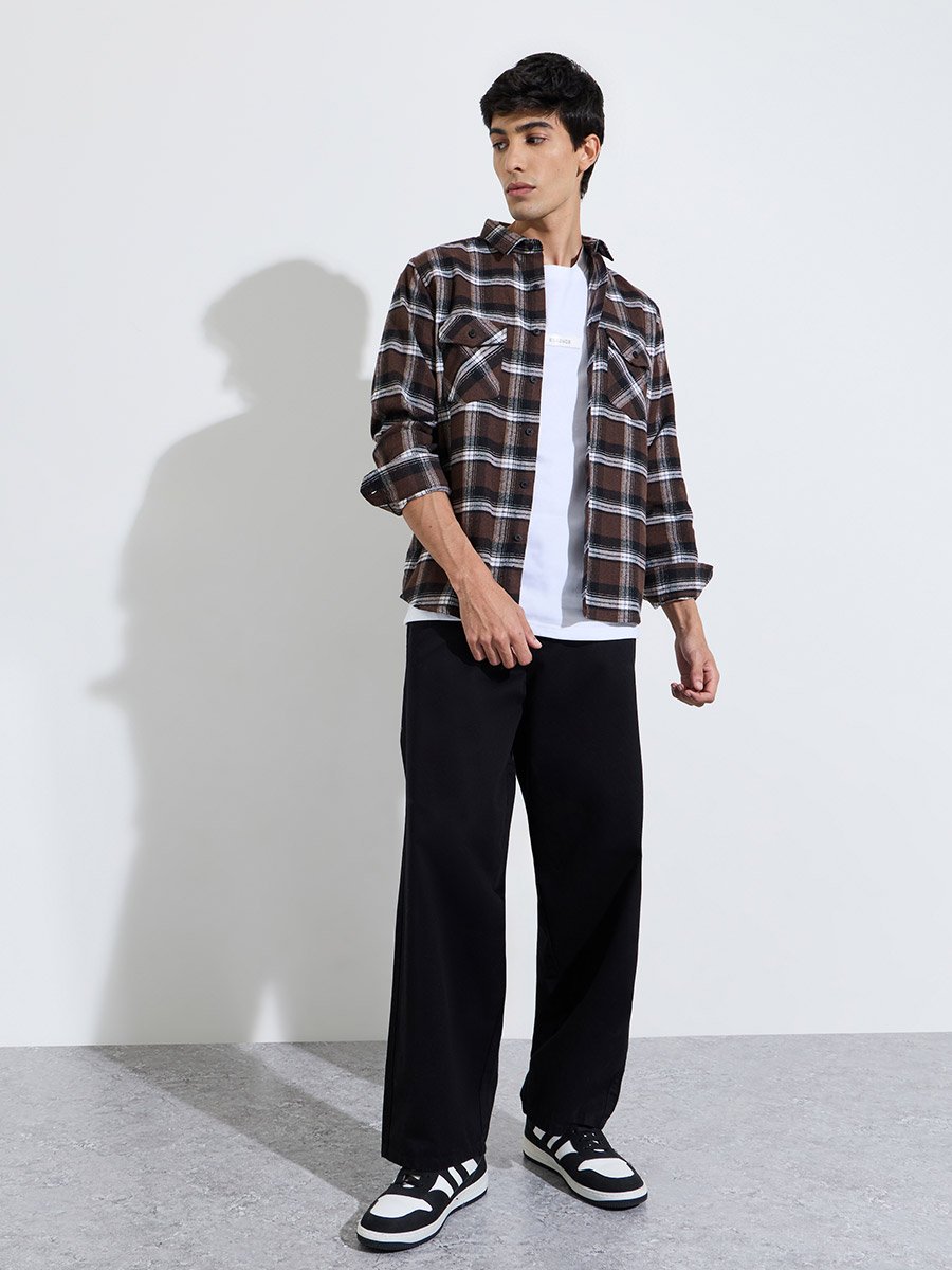 Brown Checked pocket Details Regular Fit Shirt