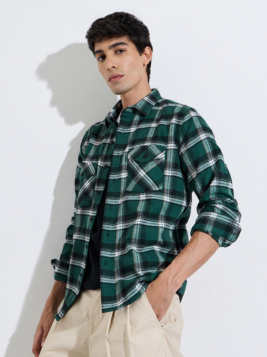 Dark Green Checked pocket Details Regular Fit Shirt