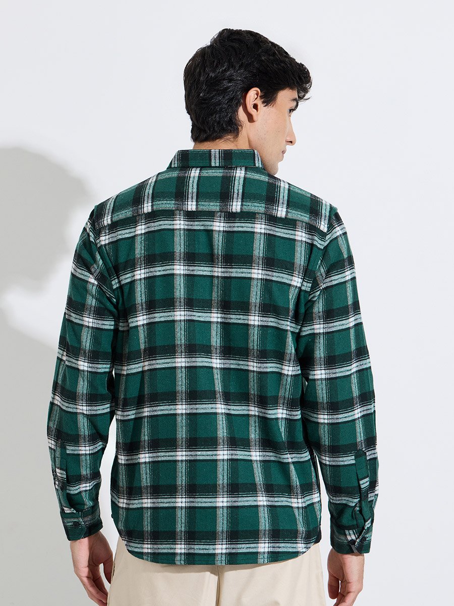 Dark Green Checked pocket Details Regular Fit Shirt