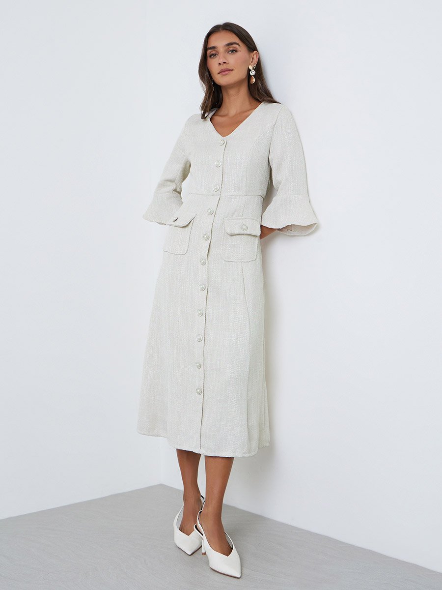 Off White Tweed-Look Midi Dress with 3/4 Sleeves