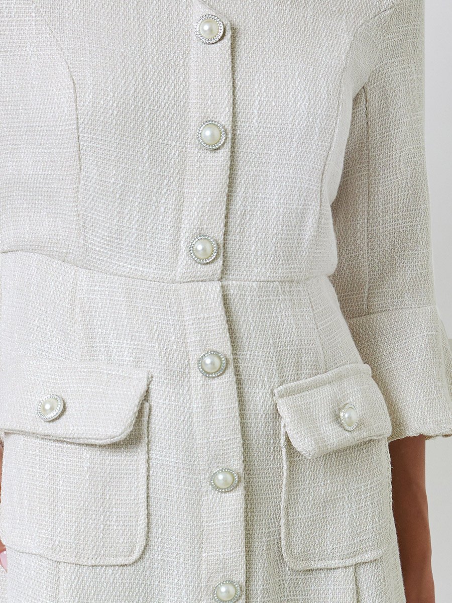 Off White Tweed-Look Midi Dress with 3/4 Sleeves