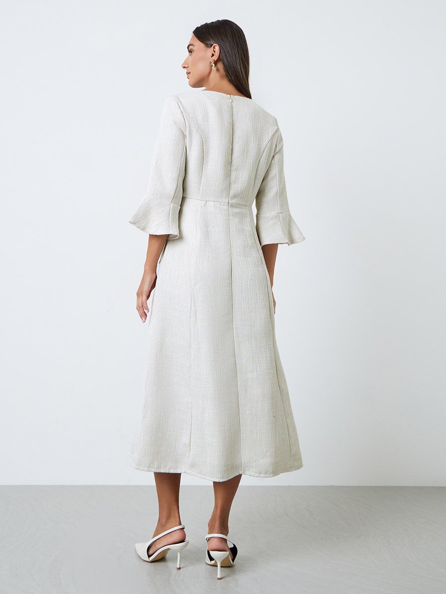 Off White Tweed-Look Midi Dress with 3/4 Sleeves