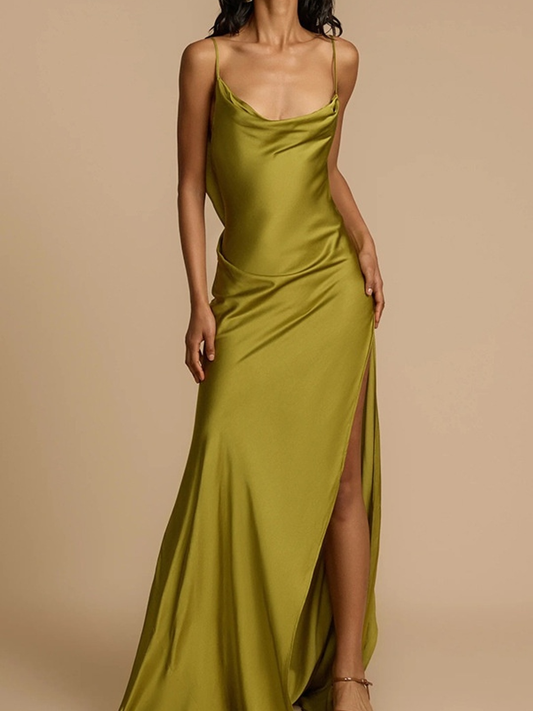 Green Cowl Neck Maxi Dress with High Slit