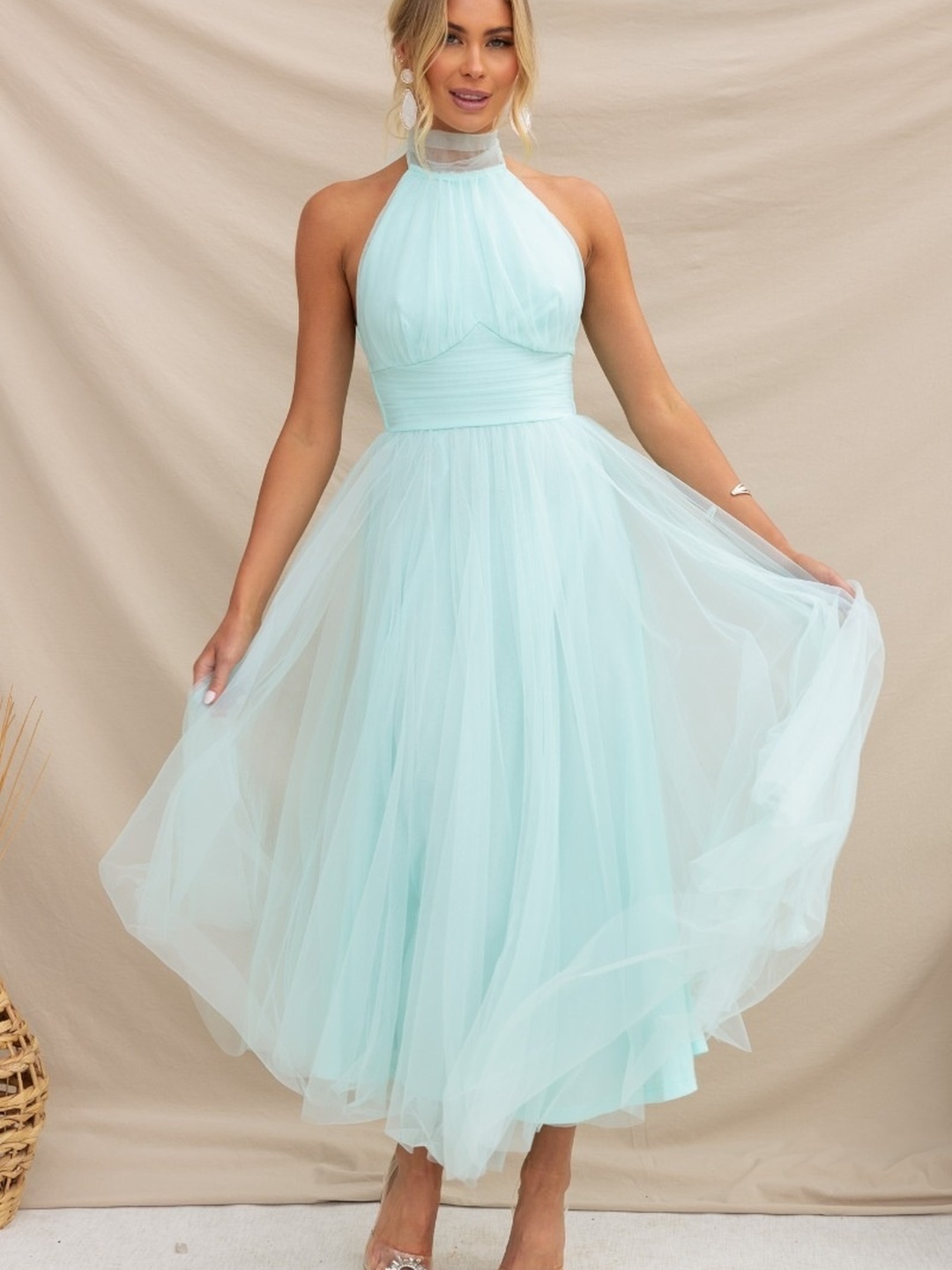 Green Halter Neck Mesh Insert Midi Dress