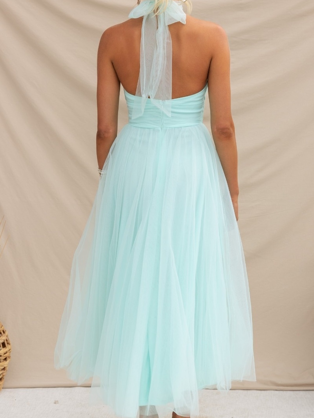 Green Halter Neck Mesh Insert Midi Dress